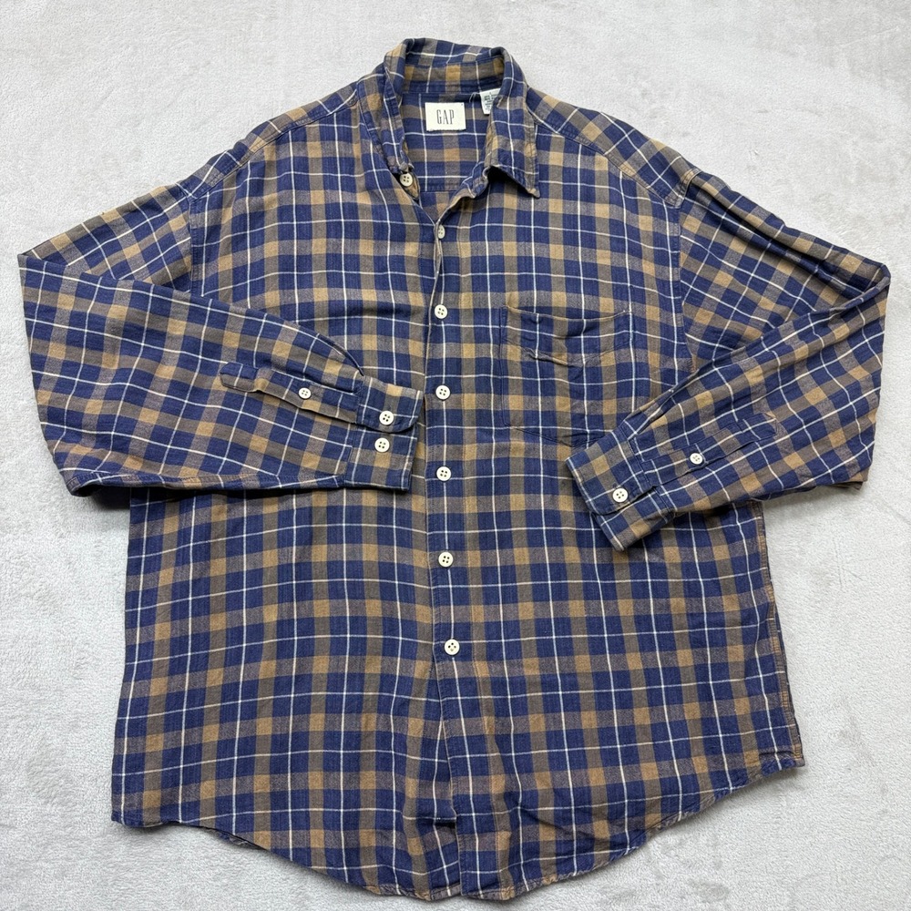 Vintage Gap Button Up Shirt Mens Large Blue Plaid Ramie Rayon Long Sleeve 90s